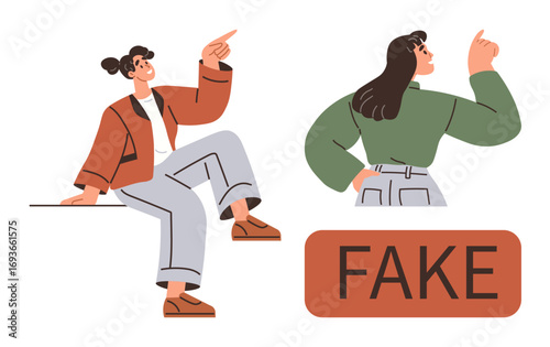 Two women in casual outfits pointing, emphasizing choices and perspectives. Red rectangle with FAKE adds focus on discernment and clarity. Ideal for authenticity, social awareness, decision-making