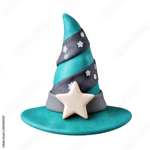 A whimsical blue and gray wizard hat with stars, perfect for magical themes.