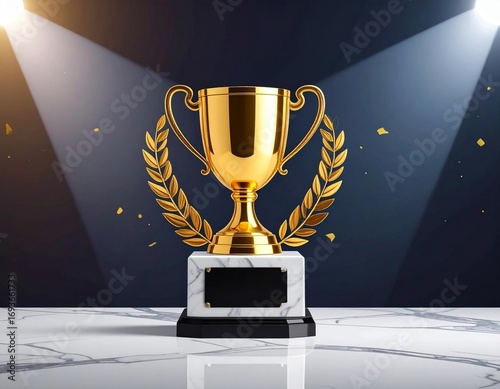 Radiant Golden Trophy Displayed Under Spotlights, Signifying Victory and Excellence