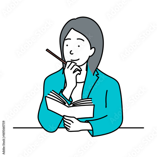 本を読みながら考える女性とペンを持つ姿のイラスト｜学習や自己啓発、仕事のアイデアを象徴するベクターイラストで教育やビジネス関連のコンテンツに活用できます