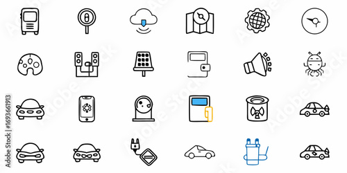 Diverse icons representing travel, technology, business, and modern living, perfect for creative projects