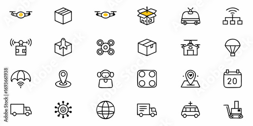 Dynamic delivery icons showcasing drones, packages, vehicles, and logistics for modern shipping solutions