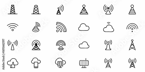 Modern communication tower and cloud icons for broadcasting, network, and digital connection concepts
