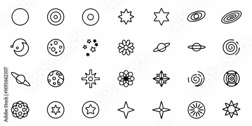 Discover celestial wonders and cosmic designs with this versatile icon collection for your next project