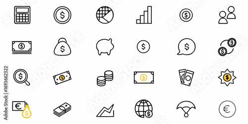 Modern finance icons convey wealth, savings, growth, and global commerce concepts for business.