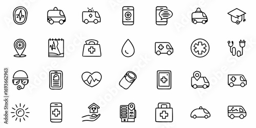 Diverse medical and health icons representing emergency services, care, and well-being for modern design