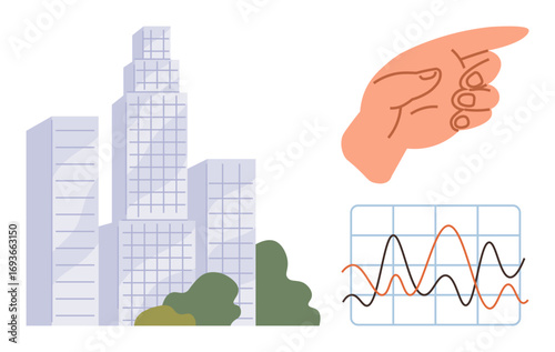 Skyscrapers, hand pointing forward, and analytics graph with line fluctuations. Ideal for business growth, urban development, strategy, decision-making, progress leadership market analysis. Simple