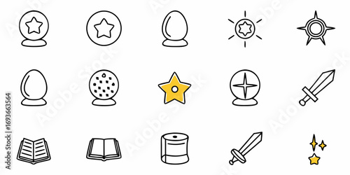 Whimsical icons featuring stars, magical orbs, swords, and books for fantasy or gaming themes