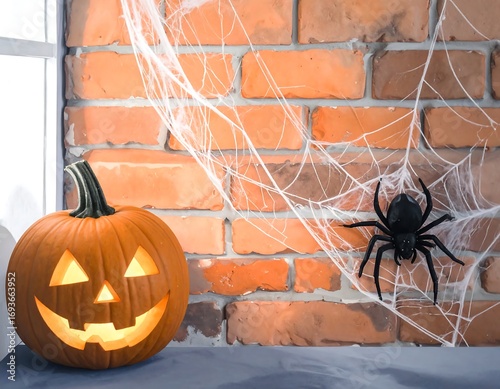 Halloween pumpkin by window with spider web