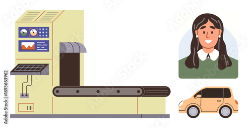 Conveyor transporting vehicle under scanner while displaying user profile with diagnostics. Ideal for technology, automation, transportation, analytics, logistics, security, innovation. Simple flat