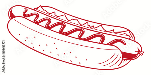 Juicy hot dog with ketchup drizzle evokes classic summer fun and delicious street food cravings.