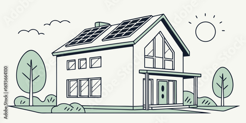Modern eco-friendly home with solar panels and sunny skies, a vision of sustainable living.