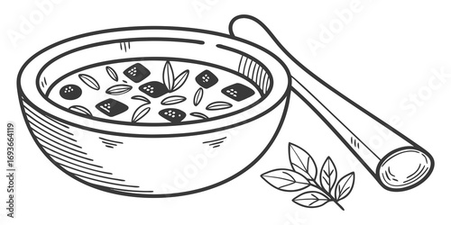 Cozy bowl of hearty stew with fresh herbs and rustic spoon, perfect for culinary inspiration