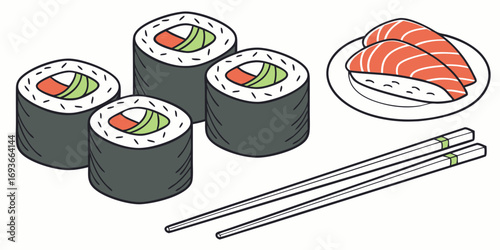 Fresh salmon sushi rolls and nigiri presented with chopsticks, a delicious Japanese cuisine visual