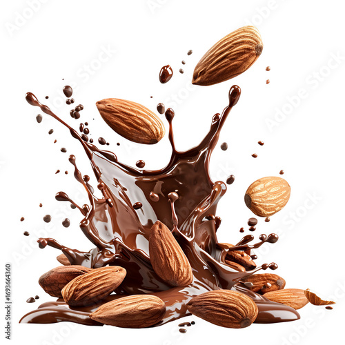 Almonds splashing in melted chocolate on white background