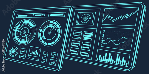 Futuristic control panel with data visualizations, perfect for tech and innovation themes