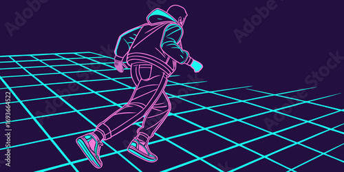 Dynamic figure in retro neon style runs forward on grid, capturing energy and movement