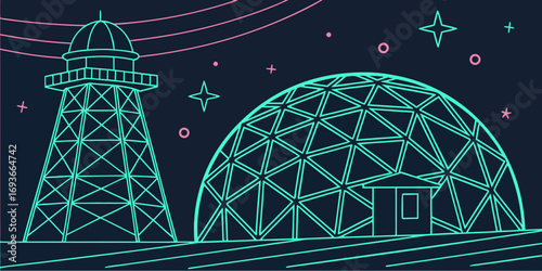 Geometric tower and geodesic dome under a starry night sky with vibrant neon lines