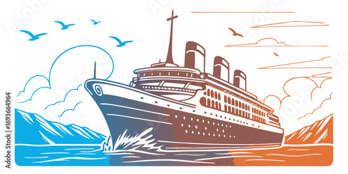 Luxury cruise ship sailing through the ocean with birds and clouds, adventure travel