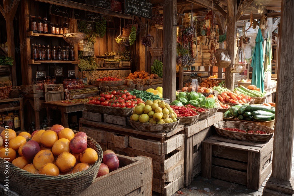 Obraz premium Rustic Market Stall Overflowing with Fresh Produce and Dried Goods