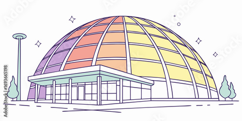 Modern architectural design with colorful dome building and stylized details for events