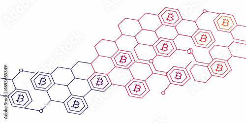 Bitcoin cryptocurrency network concept with connected hexagons and digital currency symbol