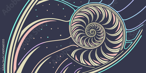 Elegant nautilus shell spiral design with abstract pastel accents on dark background