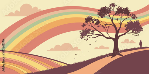 Serene landscape with rainbow arching over fields and solitary person walking toward tree