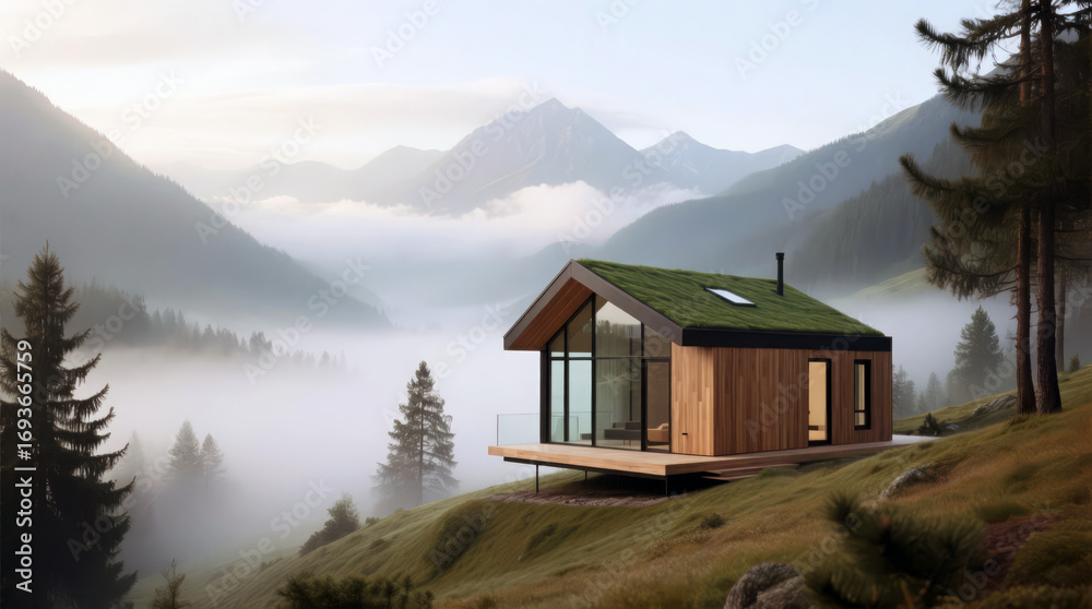 Fototapeta premium A modern tiny house, thoughtfully designed with sleek lines and warm wooden accents, rests quietly in the heart of a misty mountain valley.