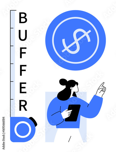 Woman with tablet gesturing next to buffer measuring scale and dollar sign. Ideal for finance, investment, budgeting, savings, strategy, business growth, simple flat metaphor