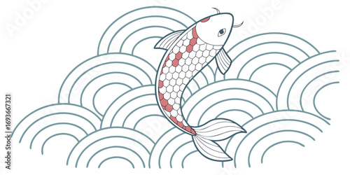 Elegant Koi fish swimming in ocean waves, a symbol of good luck and modern Japanese culture