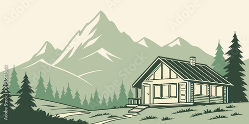 Charming cabin retreat nestled in mountain landscape, evergreen trees, escape to nature, outdoor lifestyle