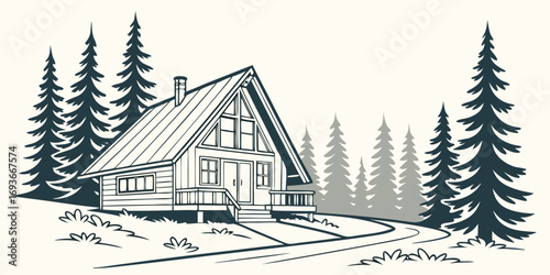 Cozy cabin retreat nestled amongst towering pines, a peaceful woodland escape in nature's embrace