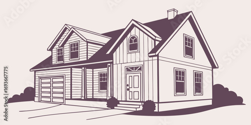 Charming house illustration shows suburban living with garage and classic architectural details