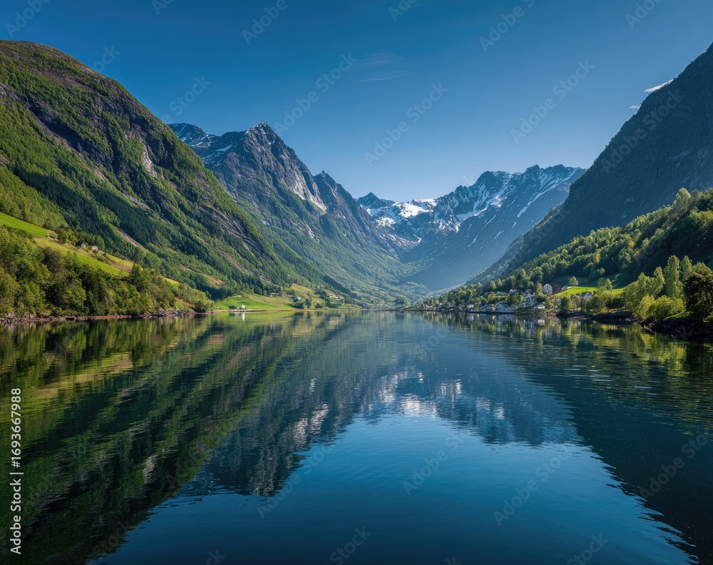 Fototapeta premium Serene fjord landscape with mirrored reflections