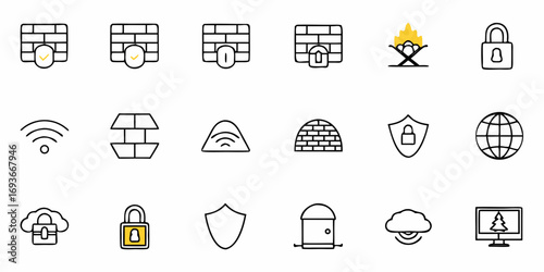 Network security icons for modern technology solutions, data privacy and protection systems, scalable vector graphic