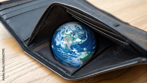 Wallet holding globe symbolizes economic risk and critical global financial issues with creative and thought provoking mood, highlighting importance of worldwide money management