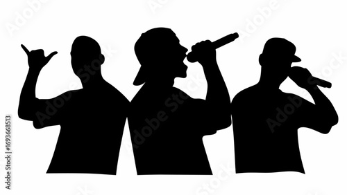 Silhouette of three rappers with microphones performing on stage in a black and white illustration style | editable eps vectors