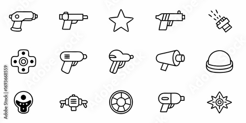 Futuristic space adventure awaits with this collection of minimalist ray guns and galactic icons