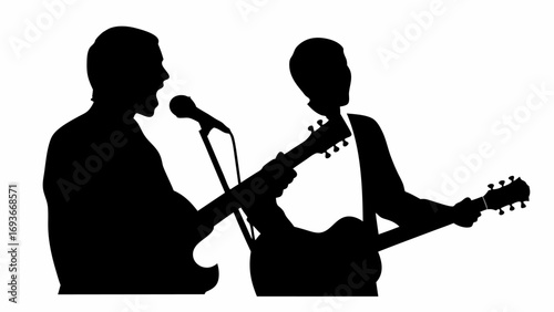 Silhouette of two musicians performing with a microphone and electric guitars on a white background stage | editable eps vectors