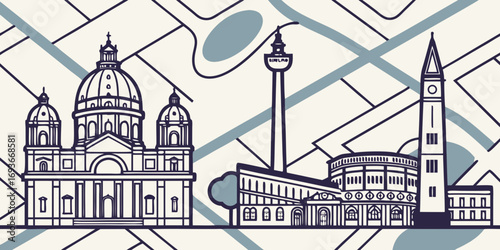Charming line drawing of city landmarks provides a stylish and modern map illustration for travel projects
