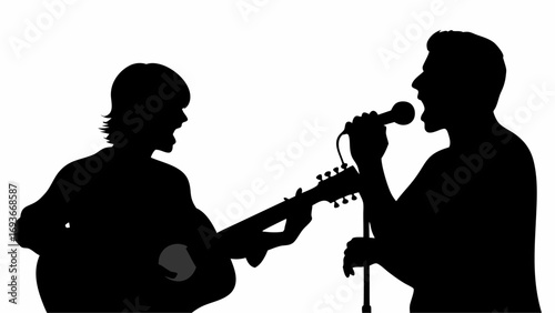 Silhouette of a guitarist playing and a singer singing into a microphone during a live performance act | editable eps vectors
