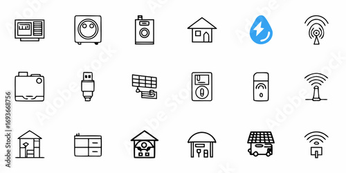 Smart home automation and renewable energy icons showcase modern sustainable living solutions