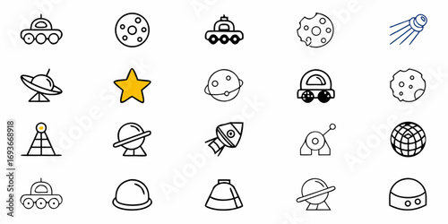 Cosmic adventure awaits with this fun astronomy and space exploration icon set for kids
