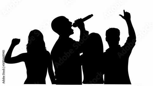 Silhouette of a singer with a microphone and two people with raised hands at a concert performance | editable eps vectors