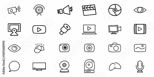 Hand drawn media icon set for business, film, and technology projects with outline style