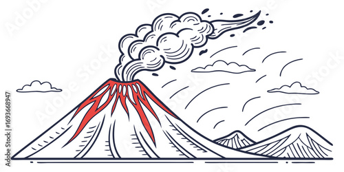 Dramatic volcano erupting with smoke and fiery lava flowing, a powerful geological display, nature's fury