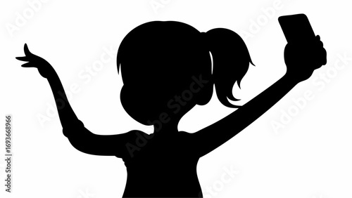 Silhouette of a girl taking a selfie with her phone and raising her arm in a cheerful pose on white background | editable eps vectors