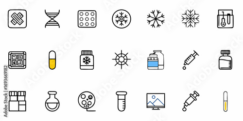 Modern medical icons for healthcare design, including pills, band aids, DNA and lab equipment
