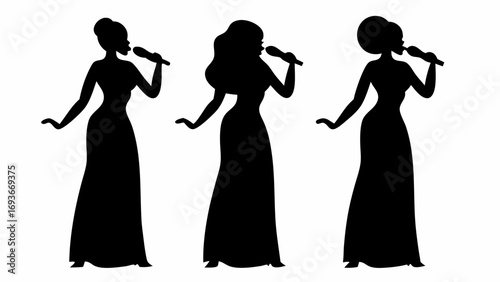 Three silhouette women in long gowns singing into microphones with different hairstyles in black and white | editable eps vectors